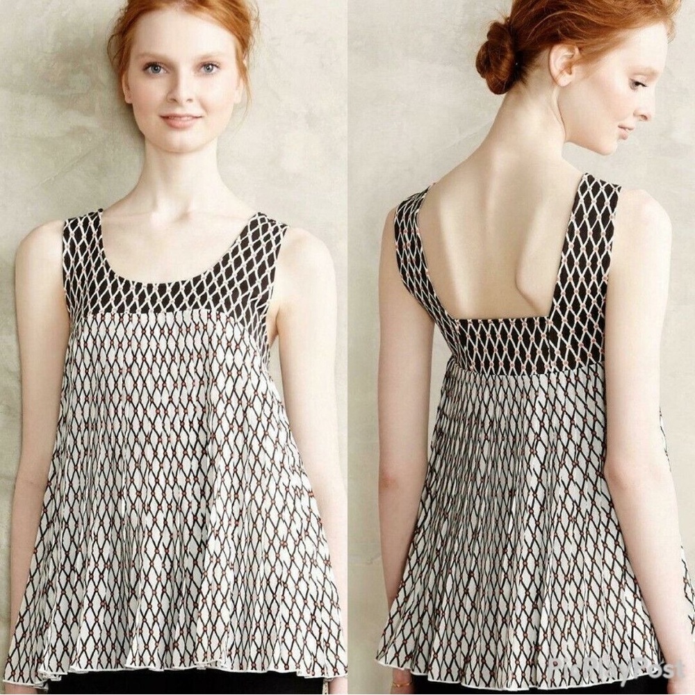Deletta Anthropologie Pleated Babydoll Swing Geometric Tank Top Shirt M Medium